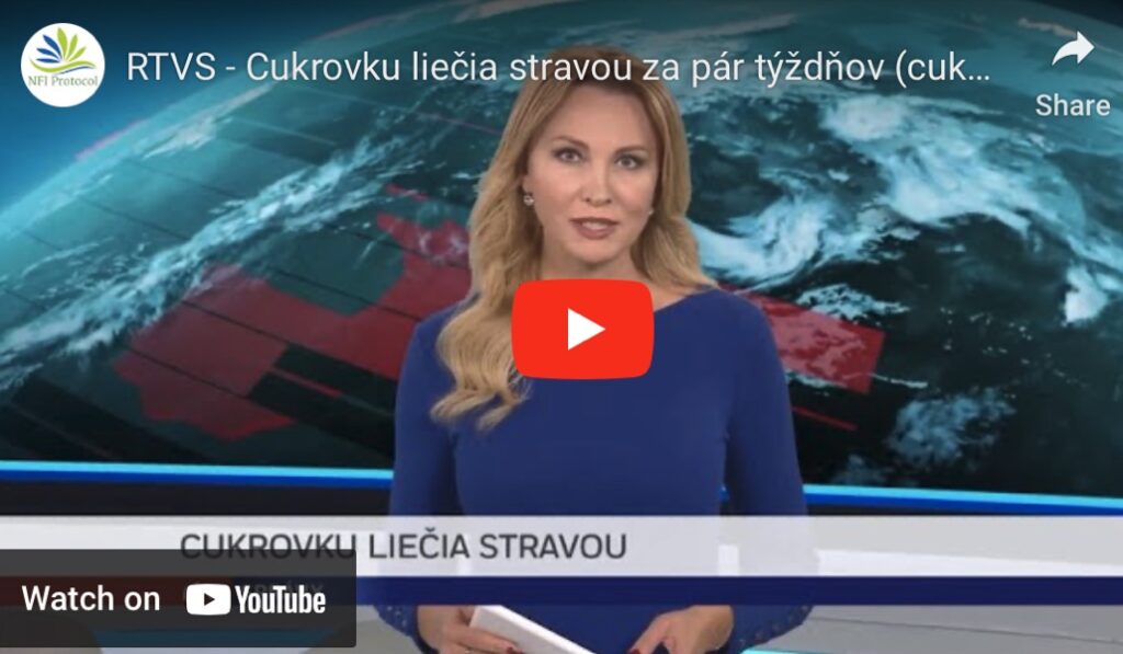 Screenshot z RTVS spravodajstva s preklikom na videoreportáž o diabetologičke MUDr. Janke Lejavovovej a biochemičke Mgr. Zuzku Plevovú, spoluaturke NFI protokol, ktorý lieči cukrovku 2. typu stravou.