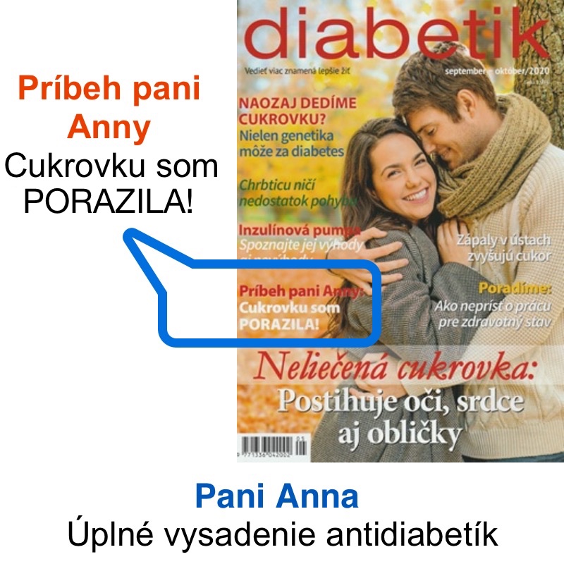 Titulka časopisu diabetik s vyznačeným názvom článku o príbehu pani Anny, ktorá porazila cukrovku. NFI protokol jej pomohol k úplnému vysadeniu antidiabetík.